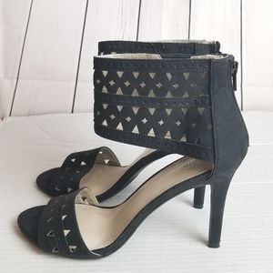 NICOLE black faux suede ankle cuff zip back heels
